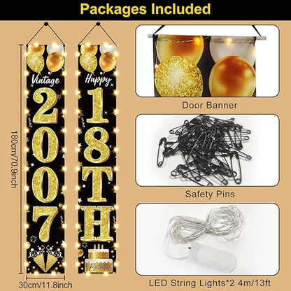 18th Birthday Party Banner Lighted Decorations for Men and Women - Black Gold Vintage 2007 18th Birthday Door Banners with LED Light, Eighteen Years Birthday Party Supplies for Indoor Outdoor Decor