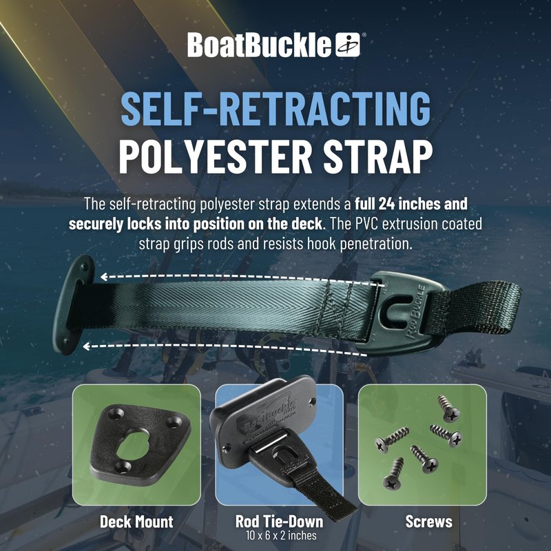 BoatBuckle F14200A 24-Inch Self-Retracting Fishing Rod Holder for Boat, Retractable Tie Down Rod Straps for Boat Deck Mount/Gunwale