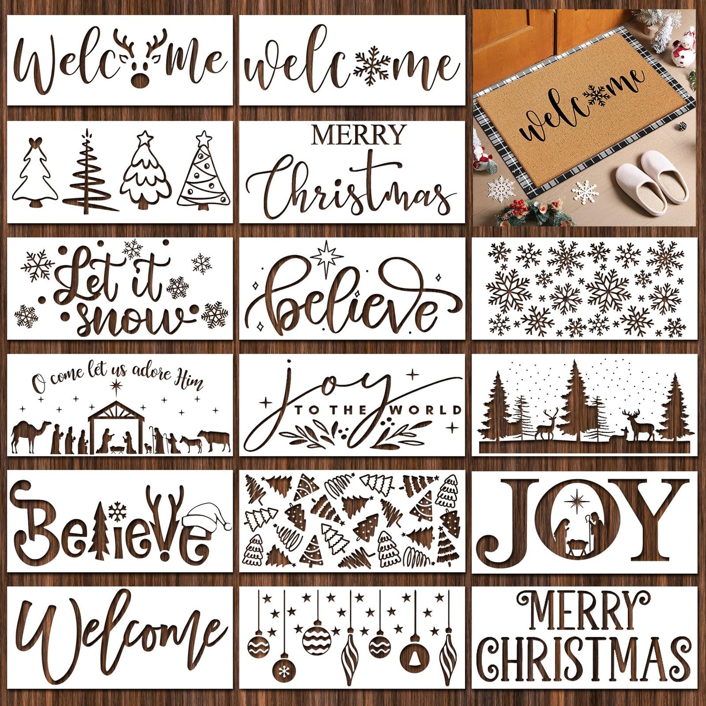 Dunzy 16 Pcs Christmas Stencils for Door Mats Crafts Reusable Merry Christmas Welcome Templates Large Stencil for Painting on Wood Sign Wall Doormat DIY Project