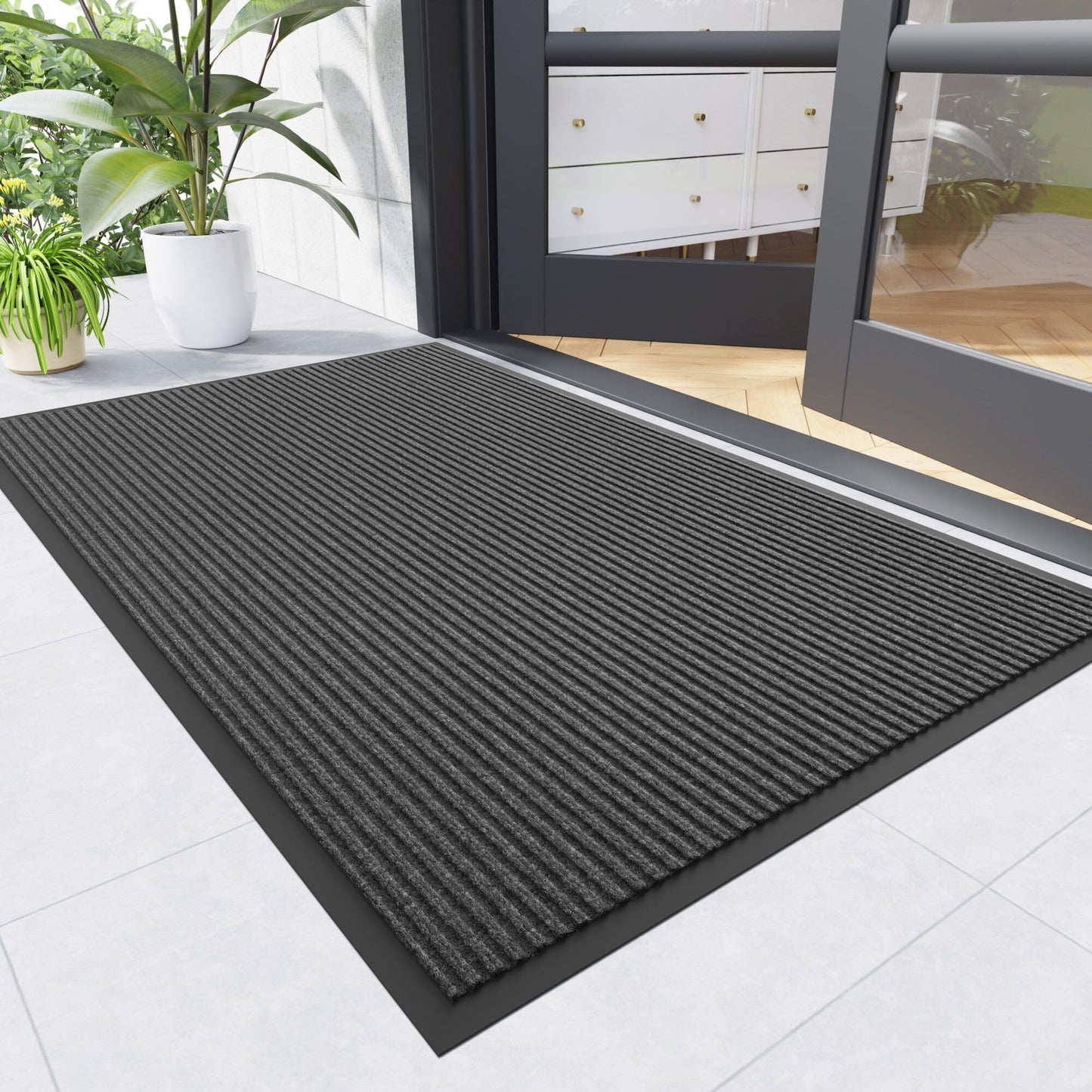 Naturei Front Door Mat, 4' x 6' Heavy Duty Indoor Outdoor Doomat, Commercial Industry Rugs with Rubber Backing, Non-Slip Low Profile Welcome Entry Mat for Patio, Home, Grey