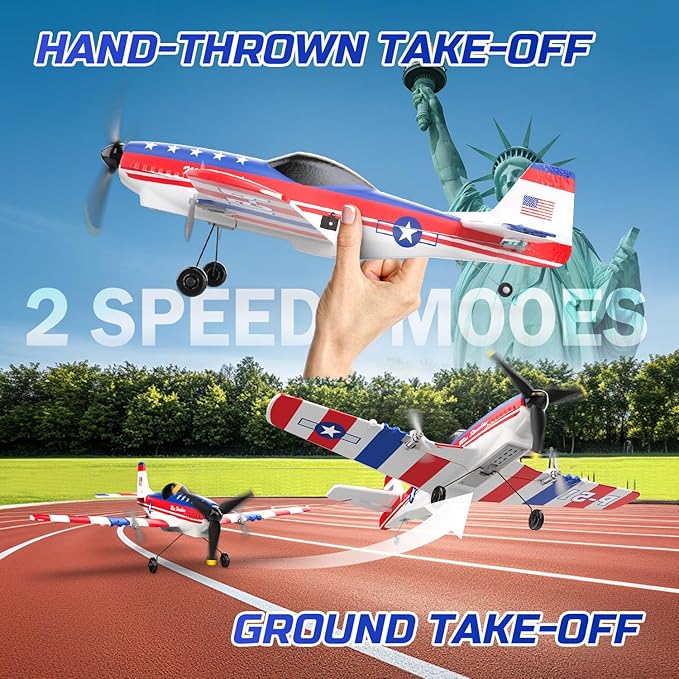 DEERC RC Plane 3 Channel P51D Mustang Remote Control Airplane Fighter Toys2.4GHz 6-axis Gyro Stabilizer RTF Glider Aircraft Plane with 2 BatteriesEasy to Fly for Adults Kids Beginners Boys