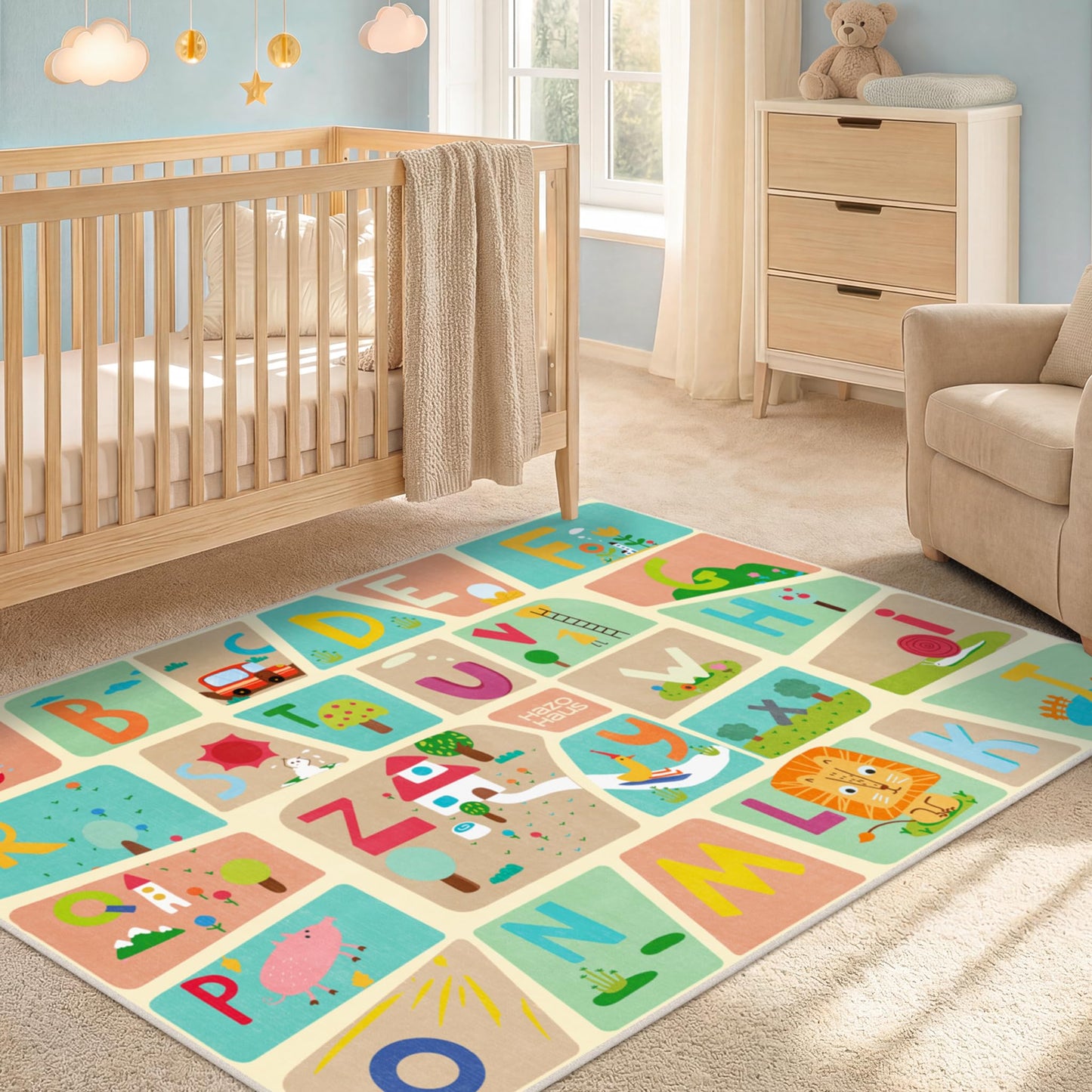 3x5 Alphabet Rug for Kids - Soft ABC Play Mat for Toddlers, Baby Learning, Preschool Educational Nursery Rug for Crawling, Reading Nook or Small Playroom – Cute Pastel Beige and Blue Letters Décor