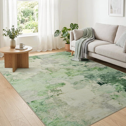 Joydeco Area Rugs 5x7 Washable, Light Green Modern Abstract Non-Slip Soft Low-Pile Carpet for Living Room, Bedroom & Dining Room