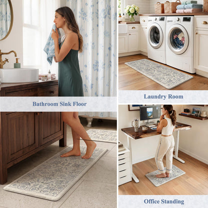 KIMODE Anti Fatigue Kitchen Mats for Floor, Boho Floral Kitchen Rugs 17"x29.5"+17" x47”, Cushioned Mats for Kitchen Floor, Non Slip Kitchen Floor Mats, Sink, Laundry, Office, Desk Blue Multi