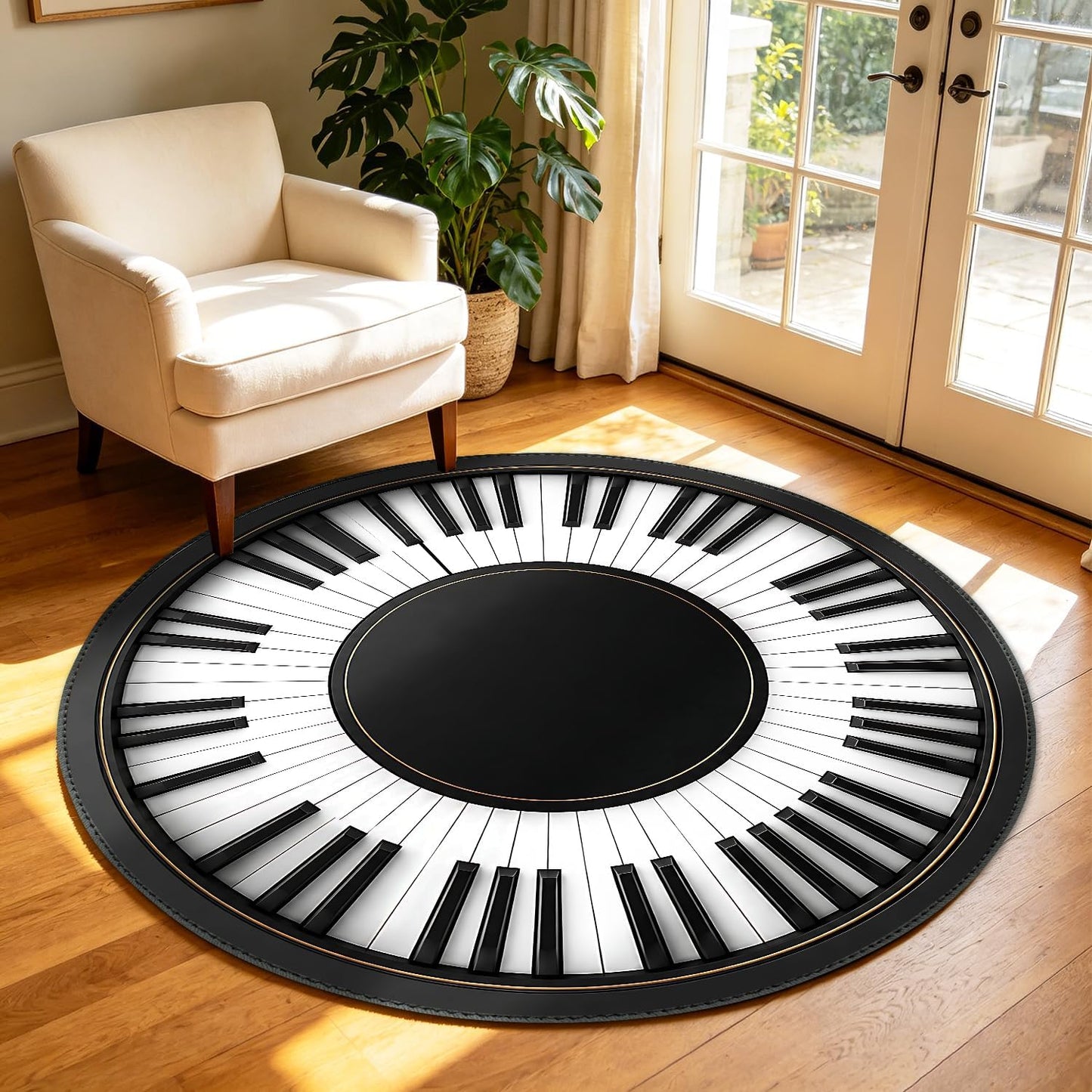 Round Area Rug 4ft – Piano Keyboard Round Rug, Washable Circular Floor Carpet for Living Room, Bedroom, Music Room, Studio, Non Slip Decorative Piano Key Rug