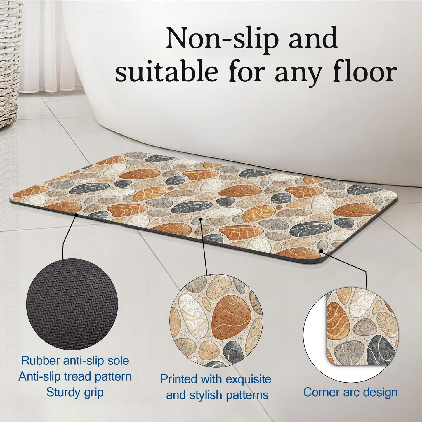 Elightvap Abstract Pebbles Stone Print Bathroom Mat Quick Drying Non Slip Bath Mats Absorbent,Bath Mat Quick Dry Bathroom Rug in Front of The Kitchen Sink, Shower Room, Bathtub,17 * 29.5 Inches