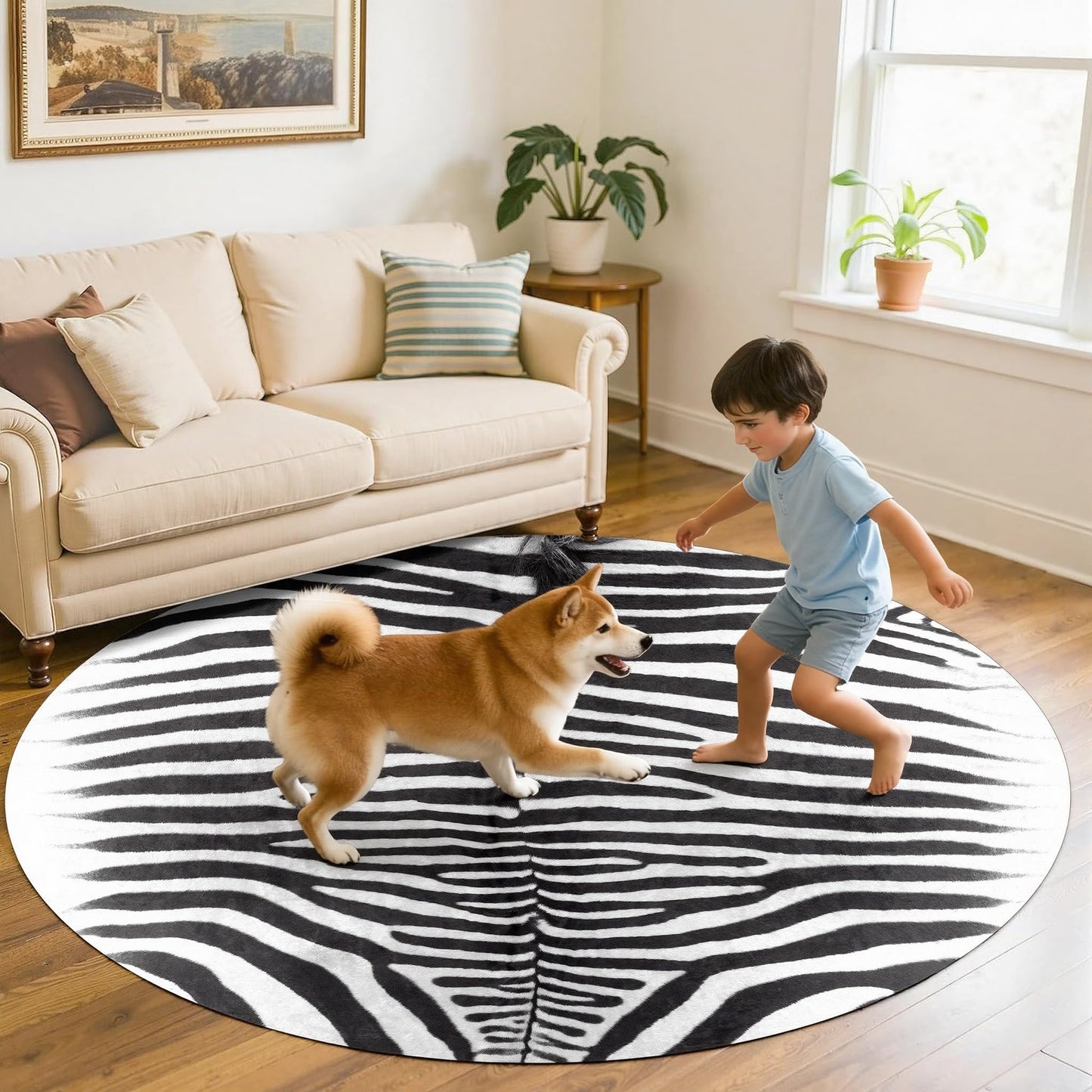 Kelilaicow Classic Zebra Print Faux Cowhide Round Rug, 5x5 ft Ultra-Thin Washable Non-Slip Circle Mat for Living Room, Bedroom, Easy-Clean & Pet-Friendly