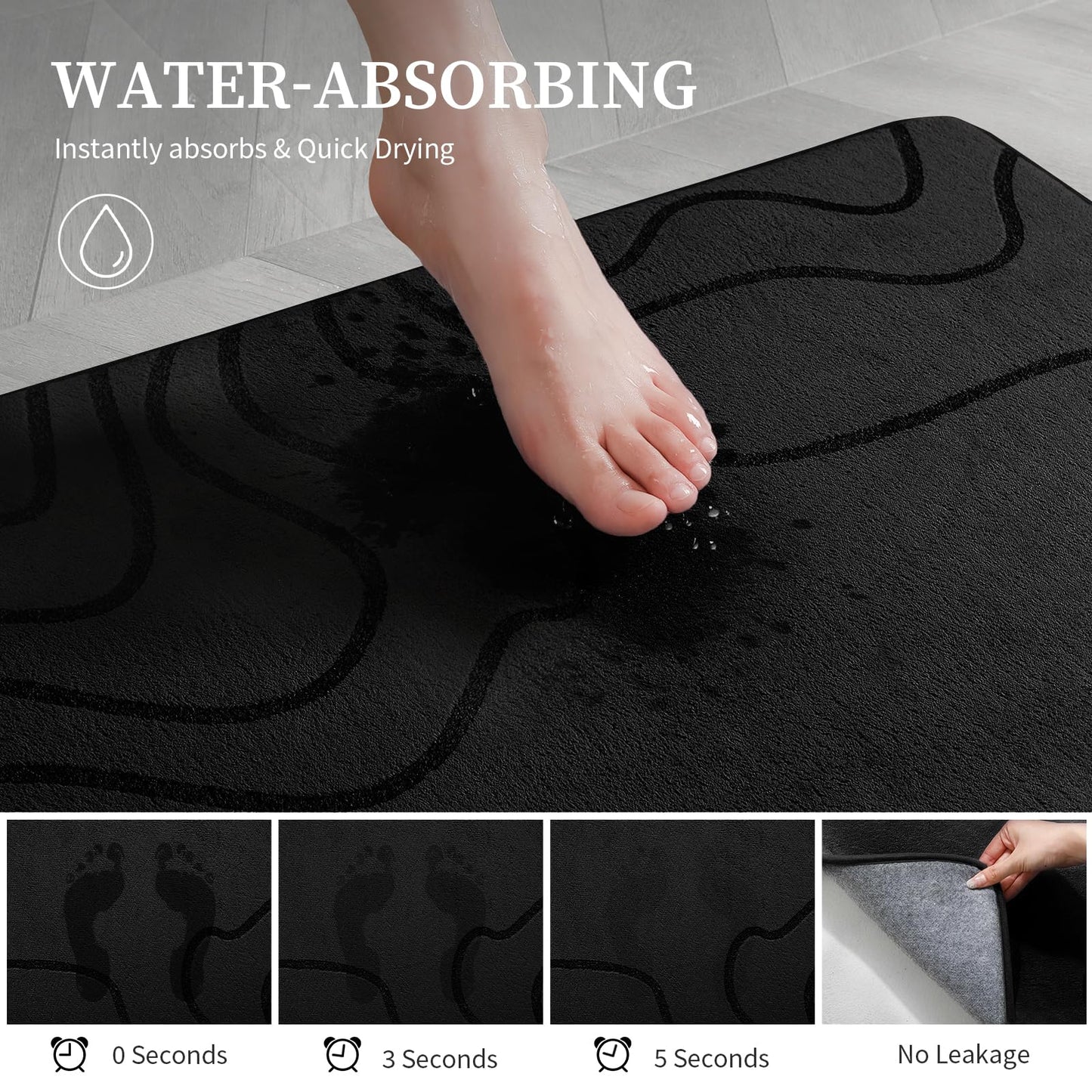 YIHOUSE Memory Foam Bathroom Rugs Sets 2 Piece - Extra Thick Ultra Soft Absorbent Bath Mat Set, Non-Slip Machine Washable Bath Rugs for Bathroom, Tub & Shower, Home Decor (17"x24"+20"x46", Black)