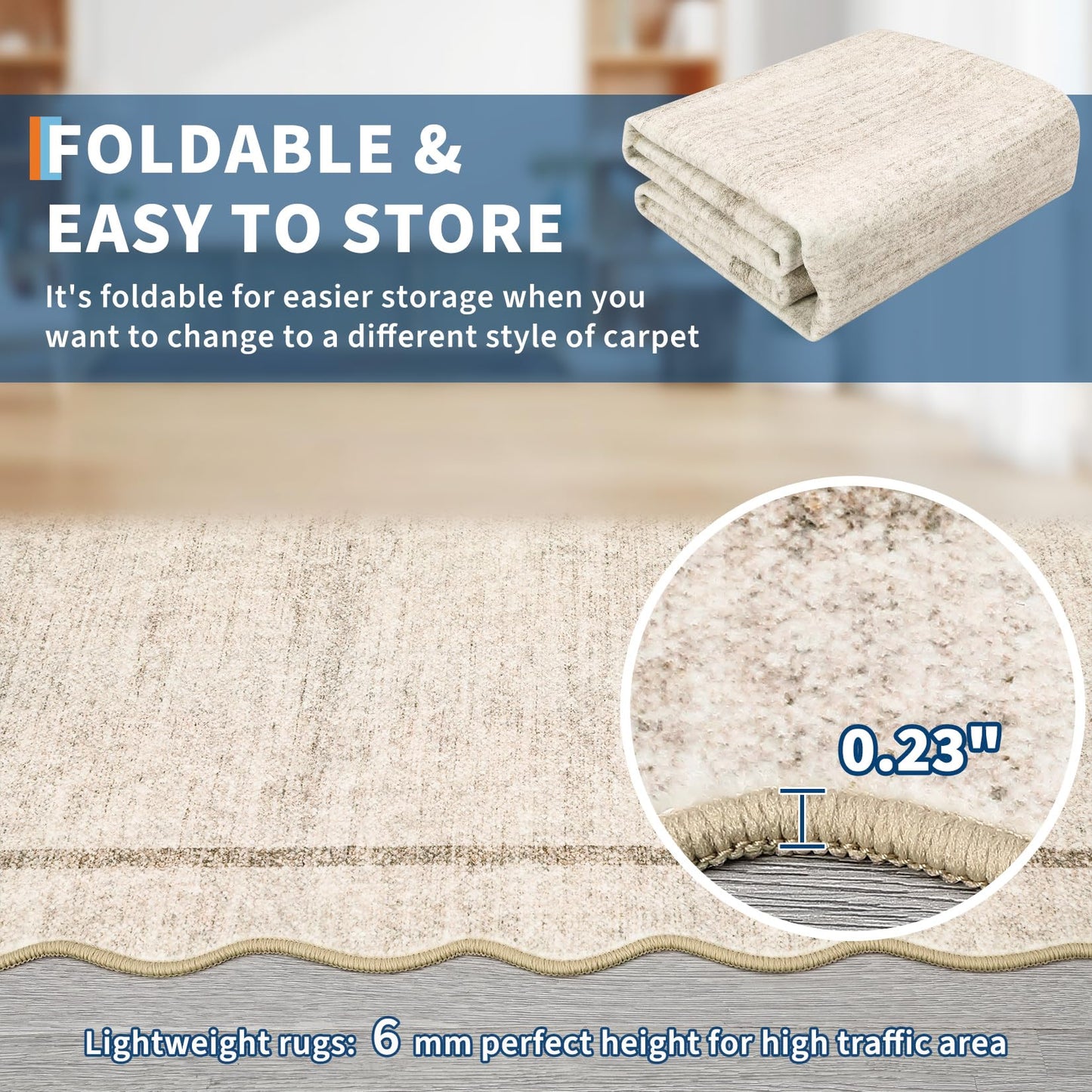 GarveeHome Scalloped Large Living Room Area Rug 8x10 - Machine Washable Modern Rugs Bordered Neutral Rug Non-Shedding Low Pile Farmhouse Carpet for Bedroom Nursery Classroom Dorm 8 ft x10 ft Beige