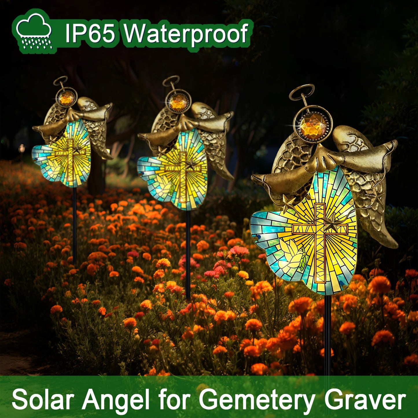 Hokfirm Solar Cross for Cemetery Grave,Metal Angel Garden Stake Pathway Light for Yard Patio Cemetery,Solar Angel Garden Decor Statue for Outside,Memorial Gifts for Women