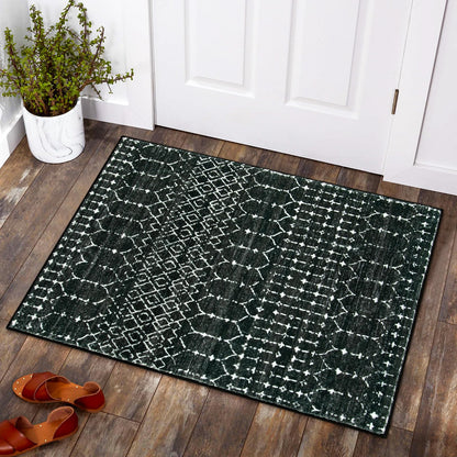 Lahome Moroccan Entry Rug 2x3, Non-Slip Washable Front Indoor Door Mat Rubber Backing Low-Profile Door Rugs, Small Geometric Print Distressed for Entryway Bathroom Kitchen, Black Hana