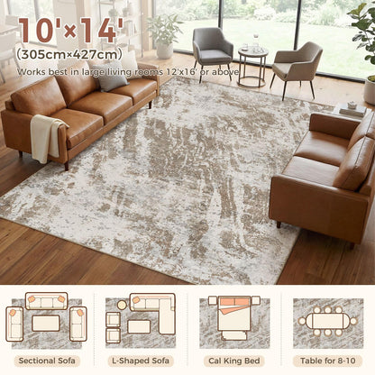 DMOYEST 10x14 Washable Area Rug: Abstract Modern Non-Slip Carpet, Soft Low Pile Indoor Neutral Easy Clean Floor Rugs for Living Room Bedroom Dining Room Kids & Pets - Brown