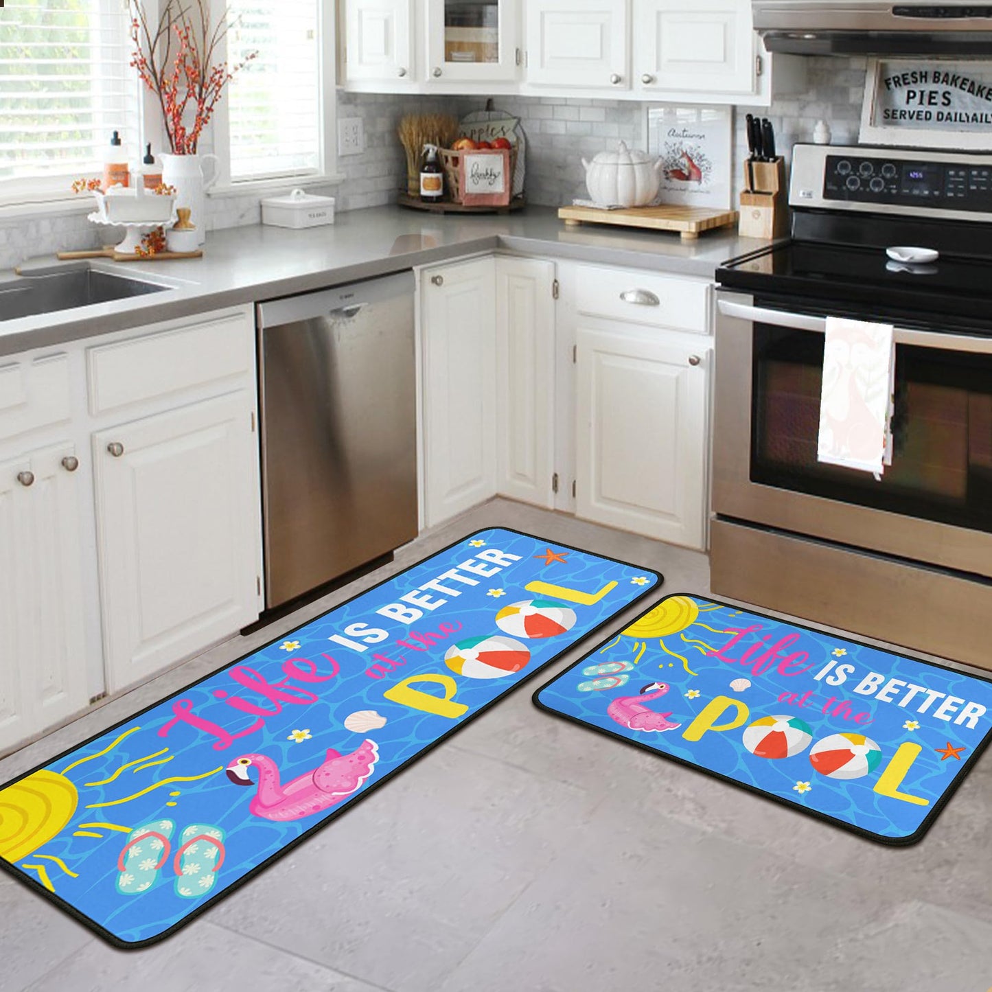 flippana Summer Kitchen Rugs and Mats for Floor, Summer Decorations for Home, 2 Pcs Non-Slip Backing Life is Better at The Pool Mat Rug Sets with Runner 17"x47.2"+17"x30"