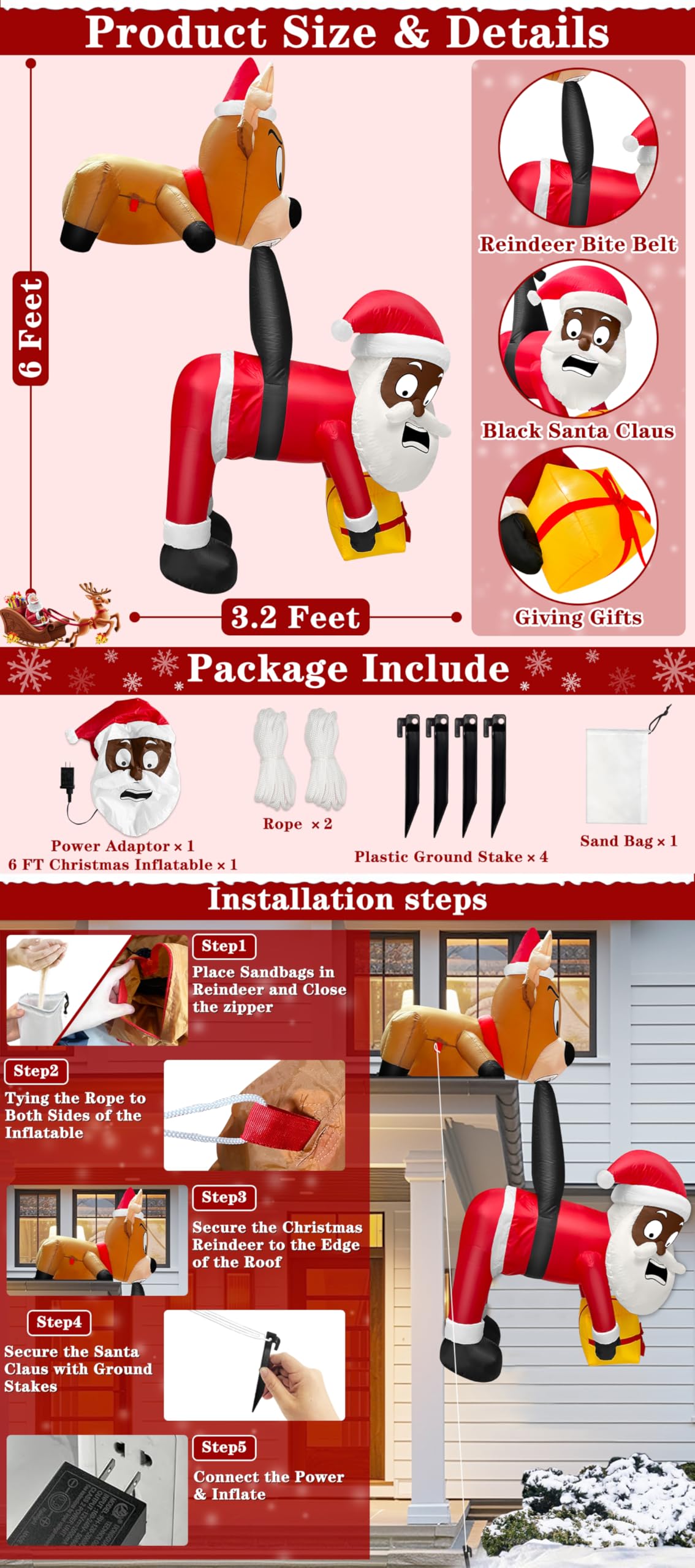 6 Ft Christmas Inflatable Reindeer & Climbing Black Santa Claus, Funny Hanging Outdoor Decoration with Built-in LED Light, Christmas Blow Up Yard Decor for Beam Roof Tree Indoor Home Party Lawn Decor