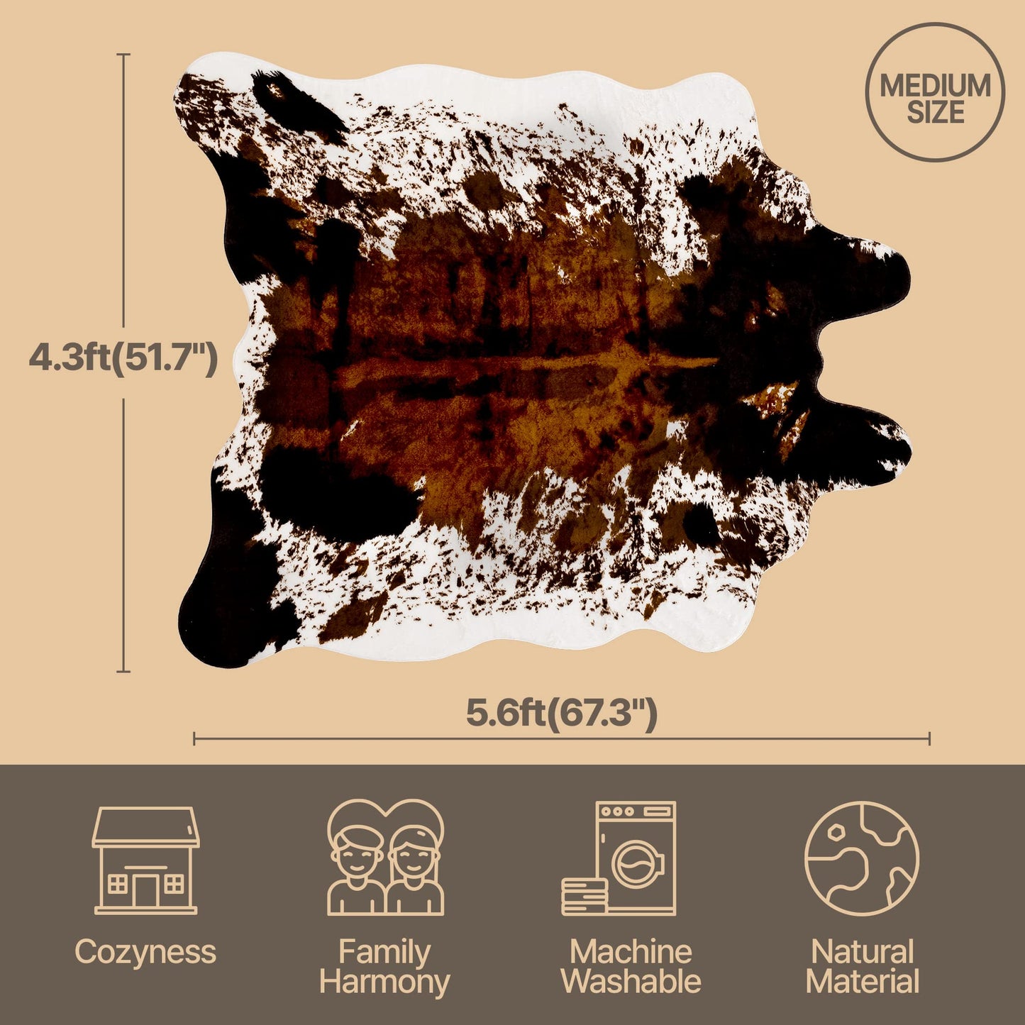 CONBEN Faux Cowhide Rug Large (4.3ft x 5.6ft) - Non-Slip Backing, Cow Print Decor - Fireplace Hearth Rug, Wall Art Farmhouse, Western Floor Rugs for Living Room, Bedroom, Dining Area or Office