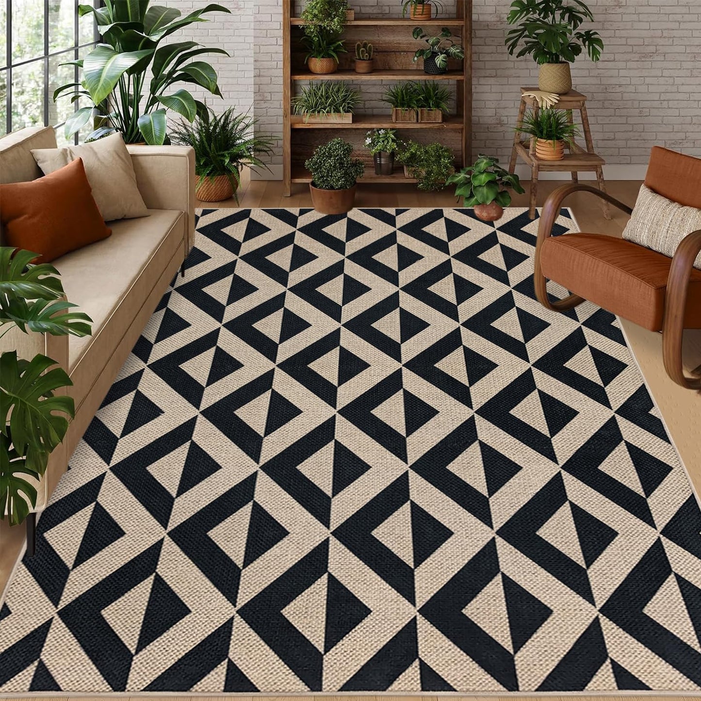 USTIDE Washable Jute 5x7 Area Rugs Washable Geometric Triangle Outdoor Patio Rug Indoor Outdoor Carpet for Living Room Dining Room Non Slip Farmhouse Carpet for Backyard Bedroom