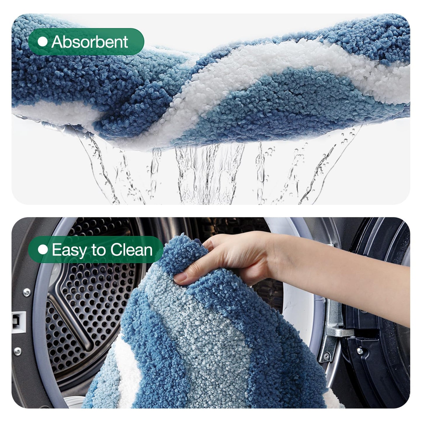 LUMI Absorbent Bathroom Rug Non Slip Rubber Backing, Machine Washable Wave Bath Mat Soft Premium Microfiber, Beach Bath Rugs Quick Dry for Bathtub and Shower Floor, 16"x24"