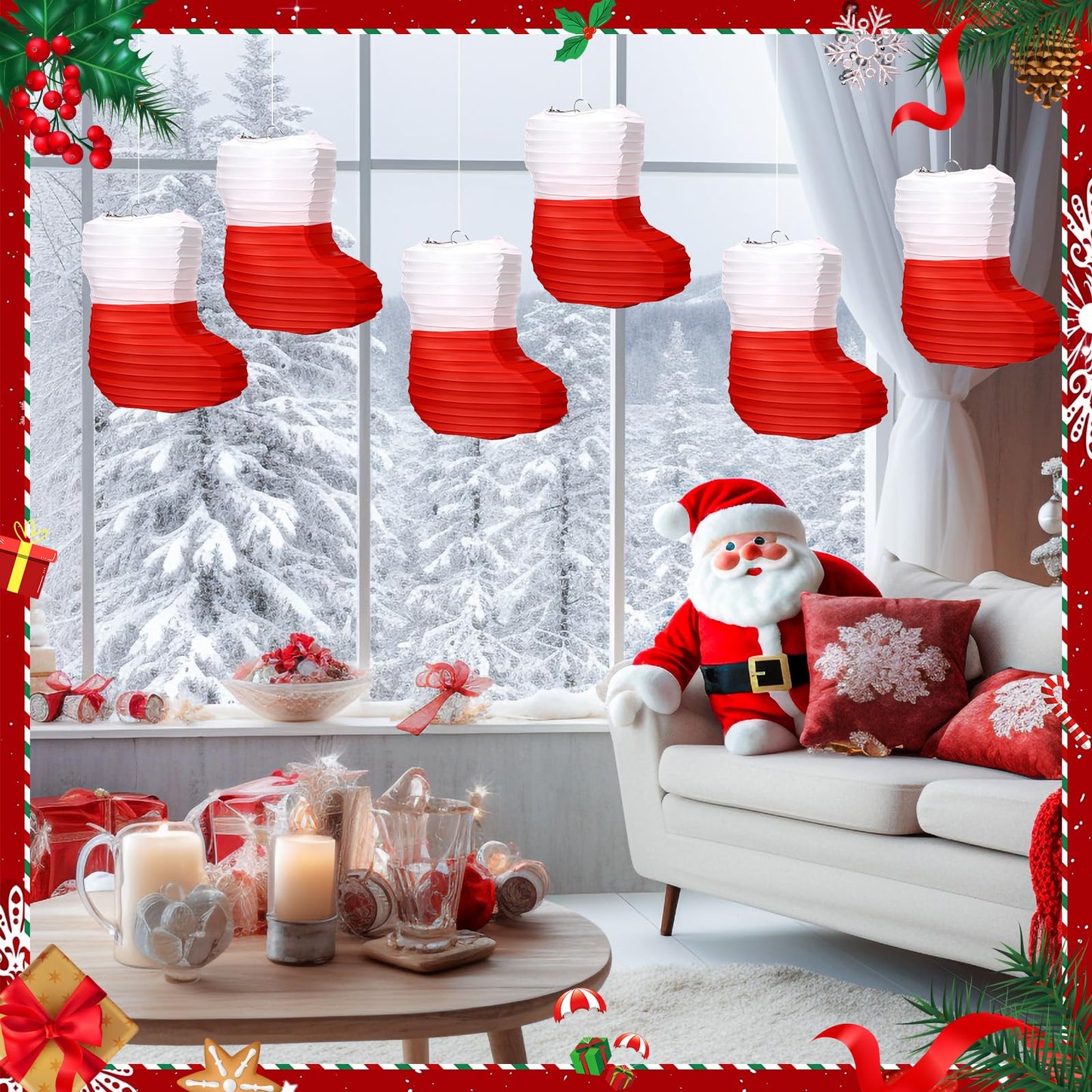 Hortsun 12 Pcs Christmas Paper Lanterns Christmas Stocking Paper Lanterns 8 Inch Red White Xmas Stocks Honeycomb Foldable Hanging Lantern for Xmas New Year Holiday Party Indoor Outdoor Hanging Decor