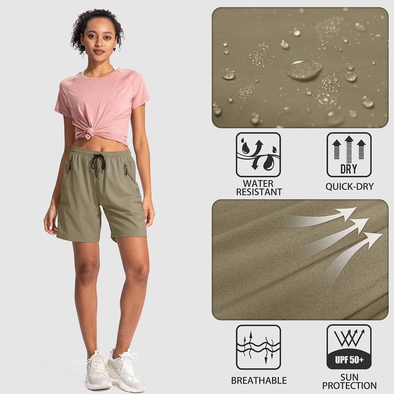 SANTINY Women's 5''/ 7''/9'' Hiking Cargo Shorts Quick Dry Lightweight Summer Shorts for Women Athletic Golf Zipper Pockets(Dusty Khaki_XL)