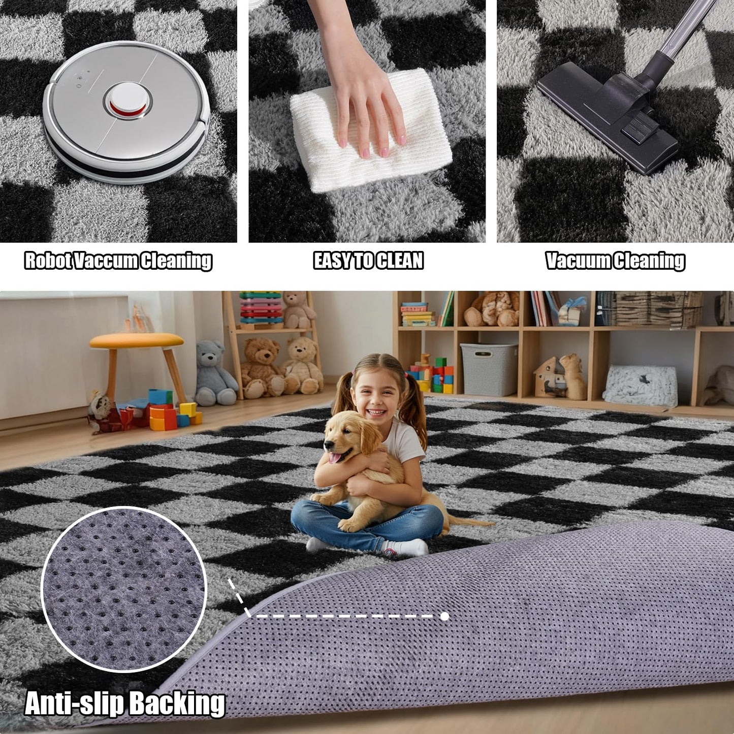 Rezutan Ultra Soft Rugs for Bedroom 8x10 Feet, Checkered Black Grey Fluffy Shag Area Rugs for Living Room, Large Comfy Furry Rug for Girls Kids Baby Room Decor Teenage Pastel Princess Rug, Non Slip