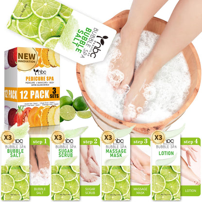 Pedicure Kit Foot Soak Set: Bubble Salt, Sugar Scrub, Massage Mask, Massage Lotion in a Box, 4 Step Foot Spa Kit for Dry Feet,Tired Feet（3 Set Tropical Fruit)