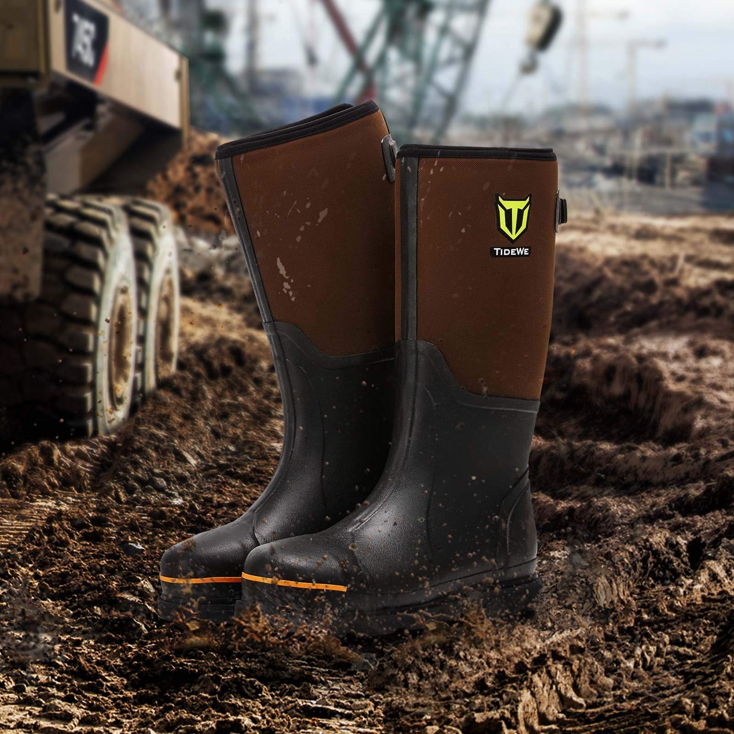 TIDEWE Rubber Work Boot for Men with Steel Toe & Shank, Waterproof Anti Slip Hunting Boot, 6mm Neoprene Hunting Boot for Manufacturing, Construction, Farming, Brown, Size 5