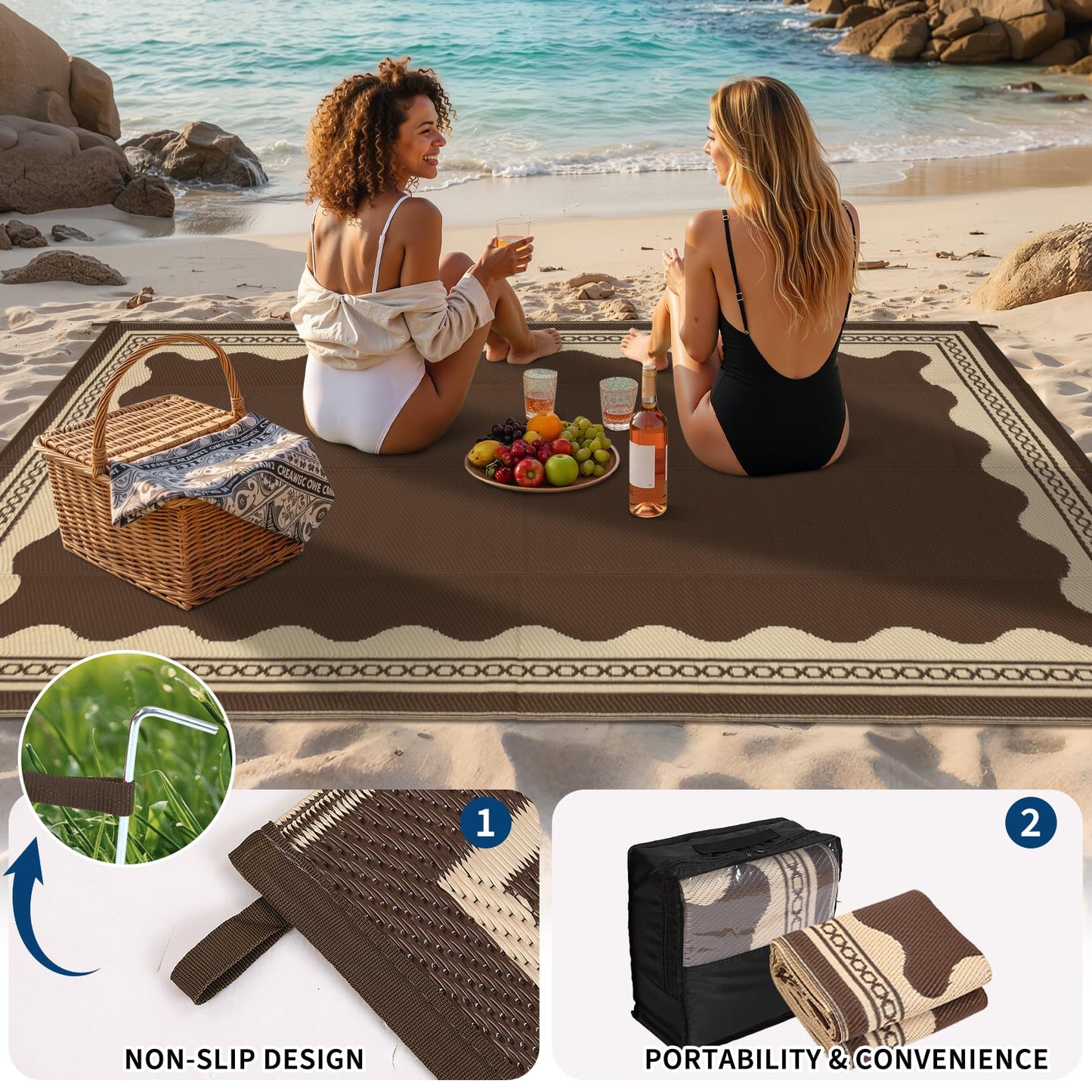 Garvee Outdoor Rug 8x10 Scalloped Waterproof Patio RV Outdoor Rugs Reversible Foldable Plastic Straw Rug Modern Camping Carpet for Deck Camper Porch Balcony Backyard Picnic Beach Brown
