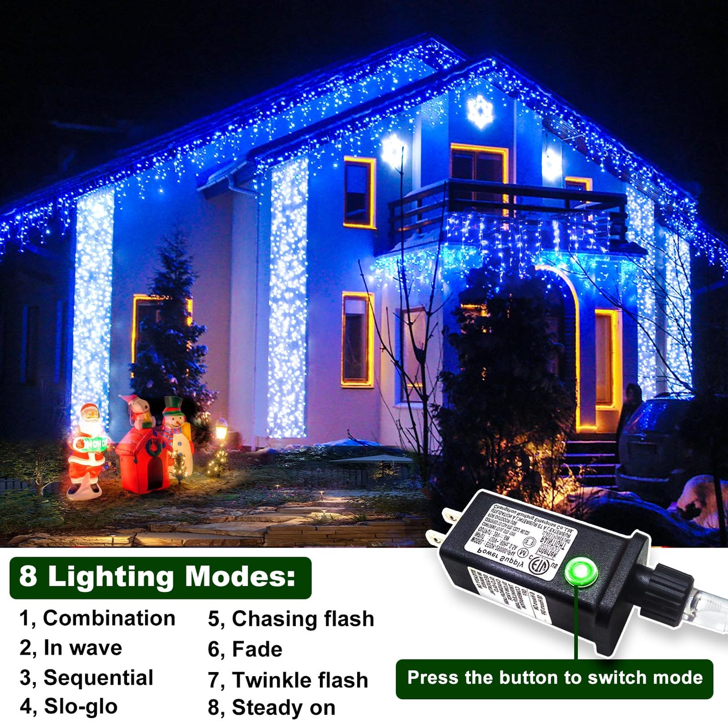 Icicle Christmas Lights Outdoor, 132ft 1280 LED Icicle Lights for Outside, Plug in Twinkle Lights Indoor with 8 Modes Timer Waterproof for House Holiday Decor Wedding Christmas Decorations, Blue