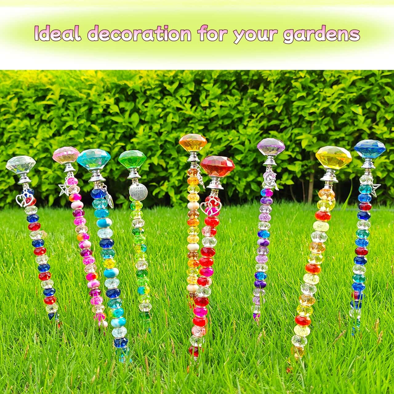 ZSlactp 72Pcs Beaded Garden Stakes Kit - DIY Fairy Wand Garden Stake Beads Kit, Fairy Garden Accessories Outdoor for Different Festivals, Garden Stake Decorative Diamond-(Red+Green+Yellow)