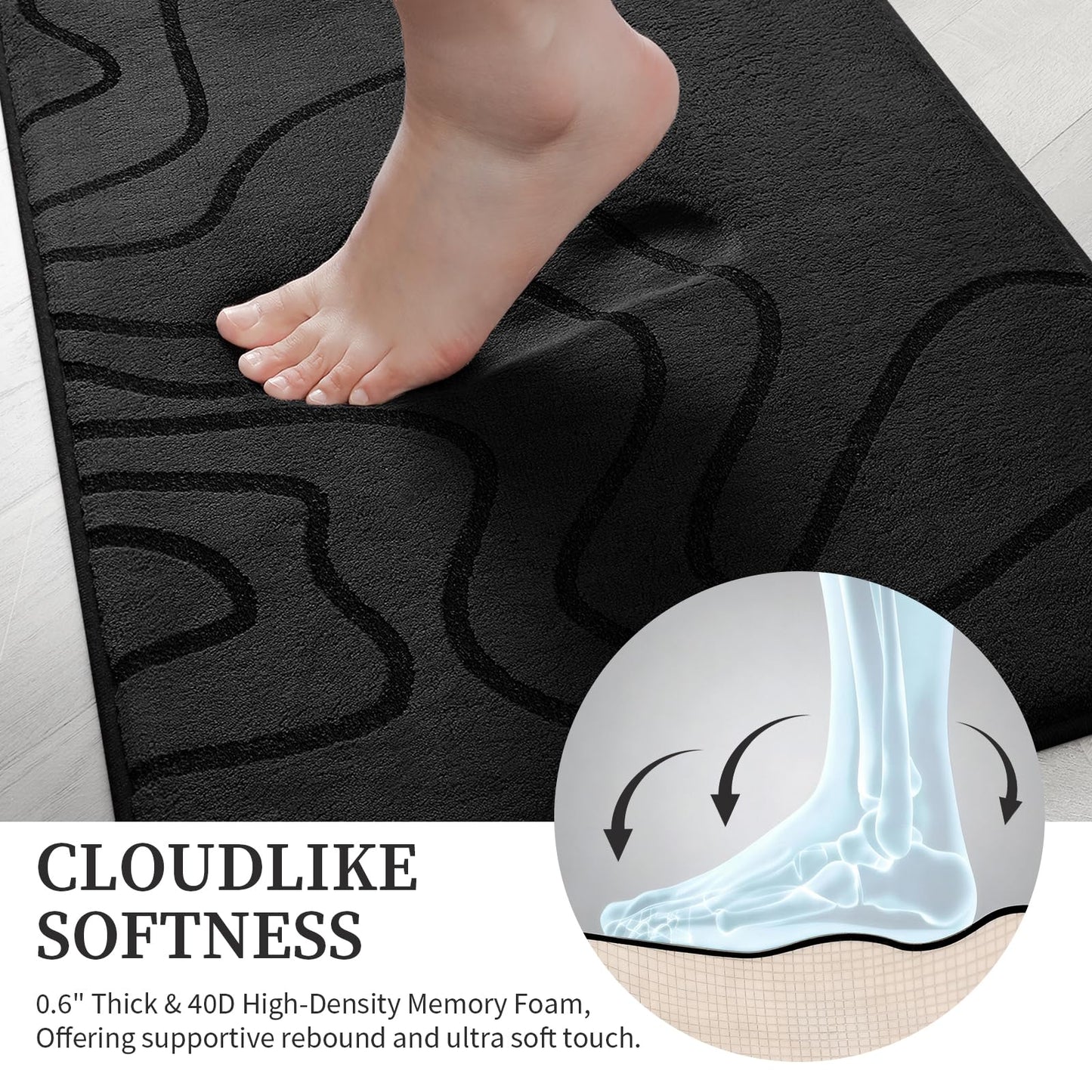 YIHOUSE Memory Foam Bathroom Rugs Sets 2 Piece - Extra Thick Ultra Soft Absorbent Bath Mat Set, Non-Slip Machine Washable Bath Rugs for Bathroom, Tub & Shower, Home Decor (17"x24"+20"x46", Black)