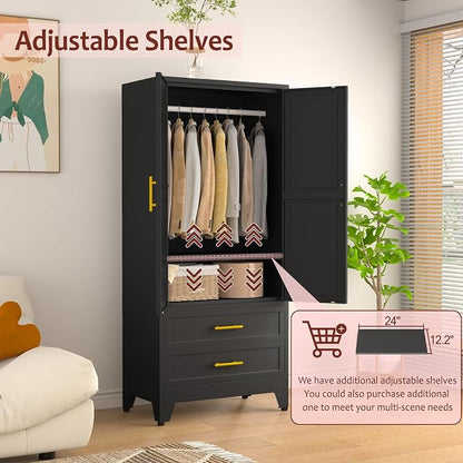 winiowa Metal Armoire Wardrobe Closet with 2 Drawers, 71" Wardrobe Cabinet with Adjustable Shelves and Hanging Rod, Clothing Storage Cabinet Closet for Bedroom-Black