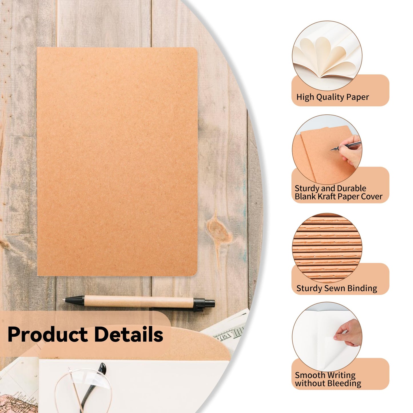 72 Pack Blank Kraft Notebooks, 8.3x5.5 Inches A5 Small Journals Bulk Blank Notebooks 80 Gsm Unlined with 60 Pages A5 Subject Notebooks Traveler Journal Set for Adult Students Back to School Supplies