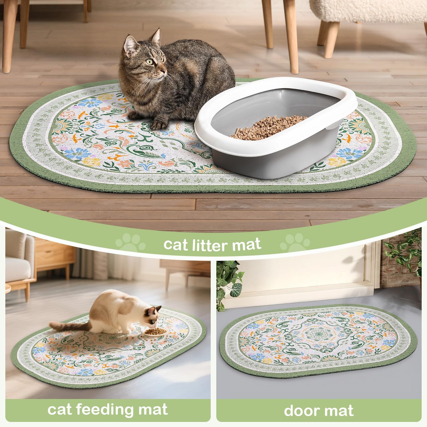 Bienbee Cat Litter Mat, 24" x 15" Litter Box Mat Rug with Non-Slip Bottom,Urine and Water Proof, Easy to Clean Cat Supplies Essentials for Indoor Kitty Kitten Floor, Bean-Green M