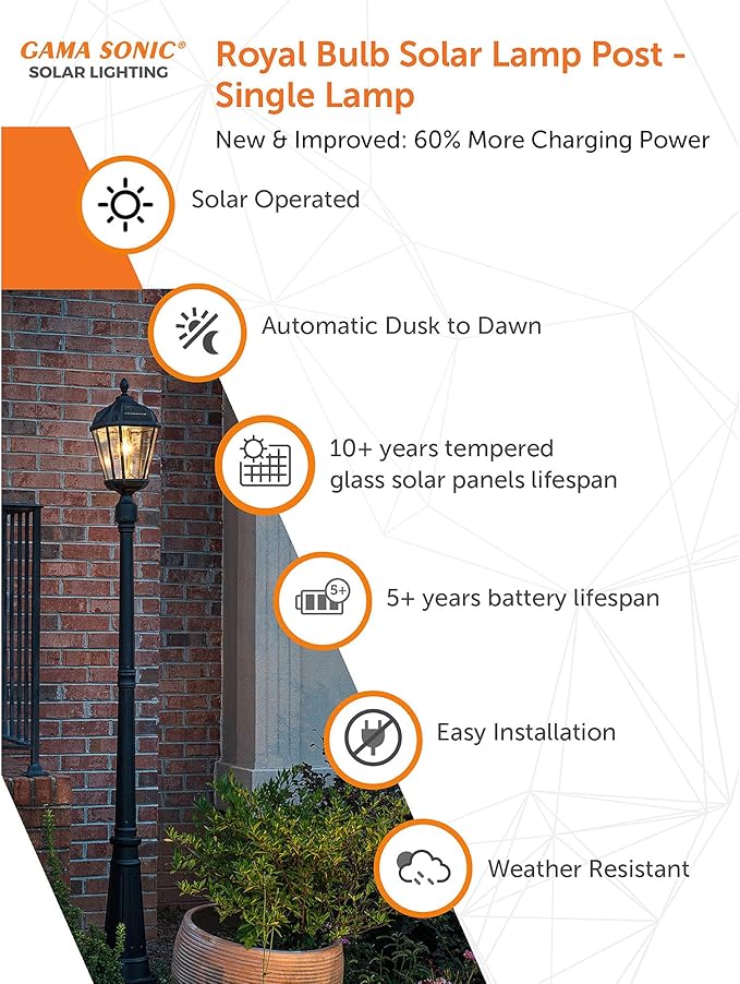 Gama Sonic Solar Outdoor Lamp Post Light, Black Cast Aluminum and Beveled Glass Panels, 10-Year Royal Bulb, Warm White LED with Omni-Direction Reflector, 87-inch Height, 98B001 (Upgraded Panel)