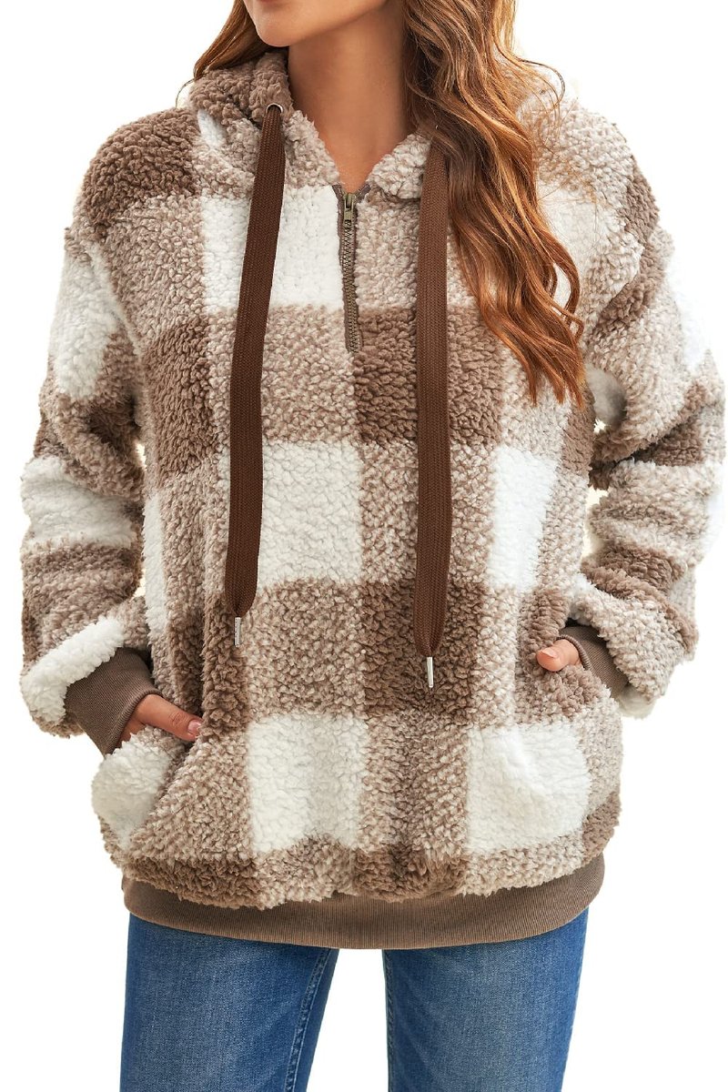 ReachMe Womens Oversized Sherpa Pullover Hoodie with Pockets Fuzzy Fleece Sweatshirt Plaid Fluffy Jacket Coat(B0 Khaki,XL)