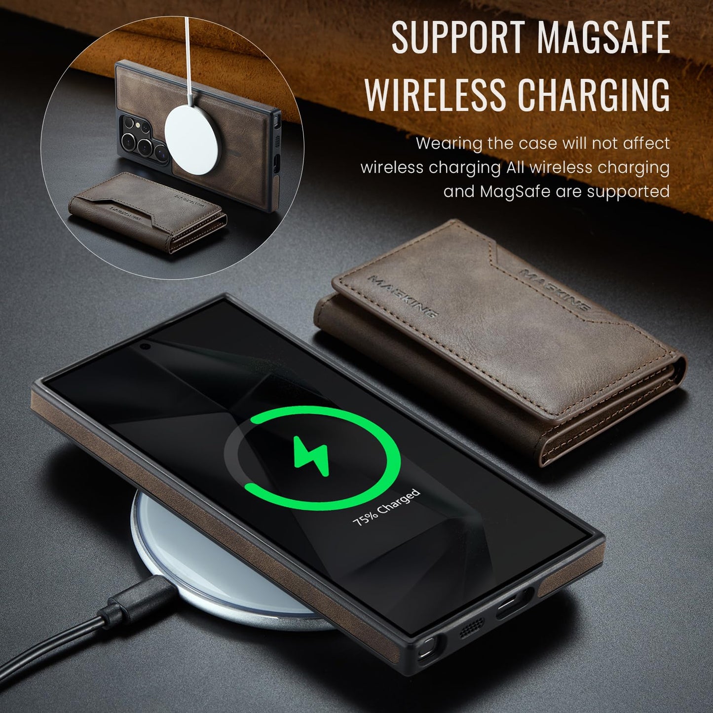 SZHAIYU K2 2 in 1 Detachable Magnetic Phone Cases Compatible with Samsun Galaxy S24 Ultra Case with Card Holder RFID Blocking, Compatible with Magsafe Wallet, Leather 6.8'' (S24 Ultra,Coffee)