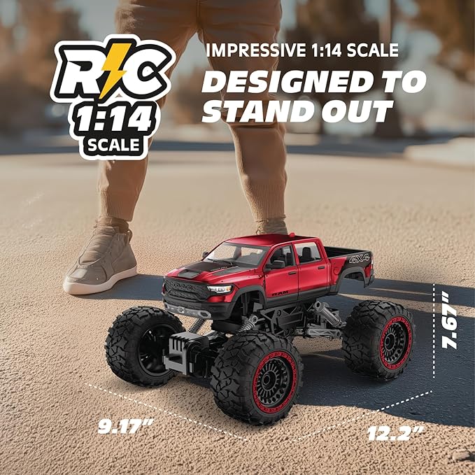 RC 4WD Heavy Metal RAM 1500 Pickup Truck – 1:14 Scale Officially Licensed Stamped Metal Body 4x4 All-Wheel Drive 2.4GHz Full-Function Remote Control Ready-to-Run USB Charging Red