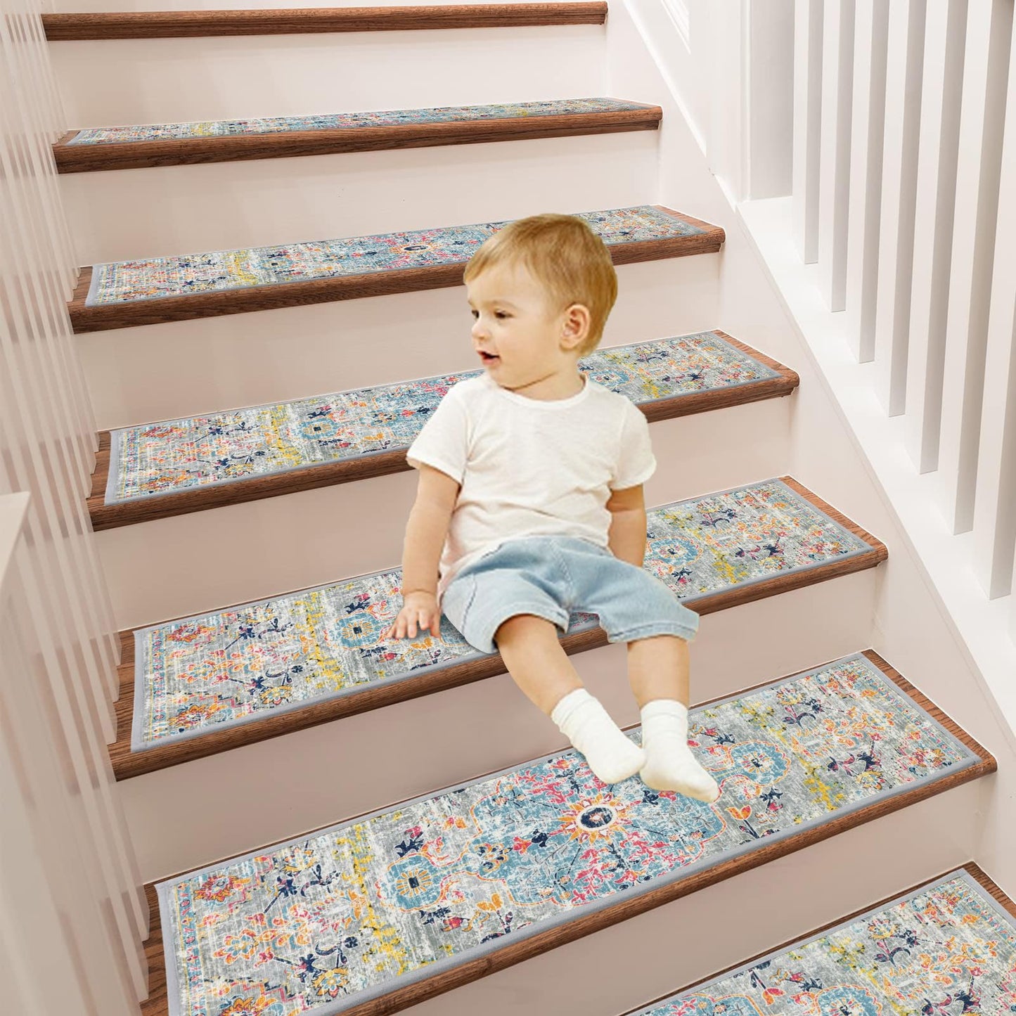 Pauwer Carpet Stair Treads for Wooden Steps Indoor 15 Pack 8" X 30" Peel and Stick Stair Treads Non Slip Staircase Step Treads Reusable Stair Runner Rugs for Dogs, Kids and Elders