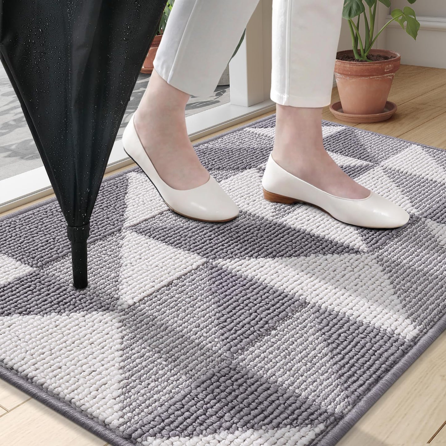 OLANLY Door Mat Indoor Entrance Washable 47x23, Odor-Free Low-Profile Front Back Geometric Doormat, Absorbent Resist Dirt Entry Carpet, Easy to Clean Sturdy Inside Floor Mats for Entryway, Grey