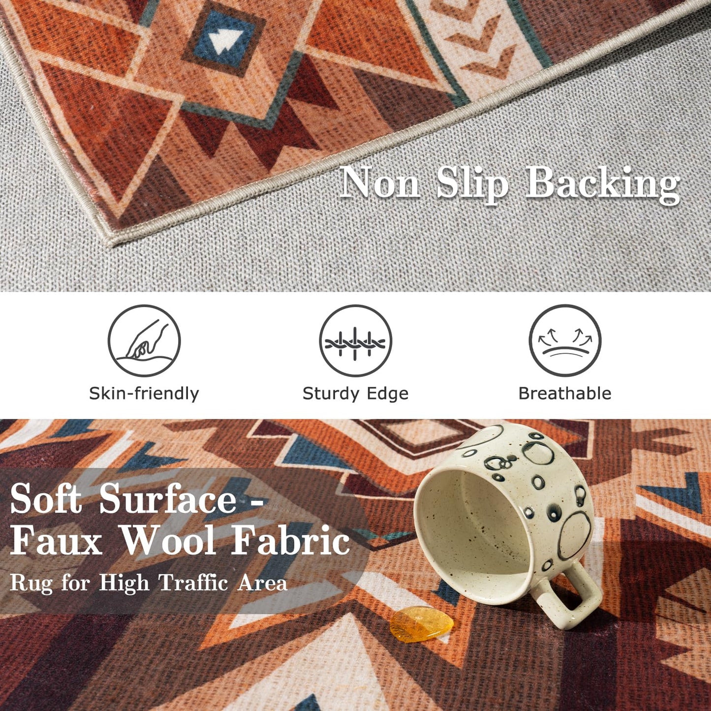 Western Rug for Living Room, 5x7 Non Slip Low Pile Aztec Rug for Bedroom, Dining Room Rugs for Under Table, Office, Machine Washable Area Rugs, Red Brown