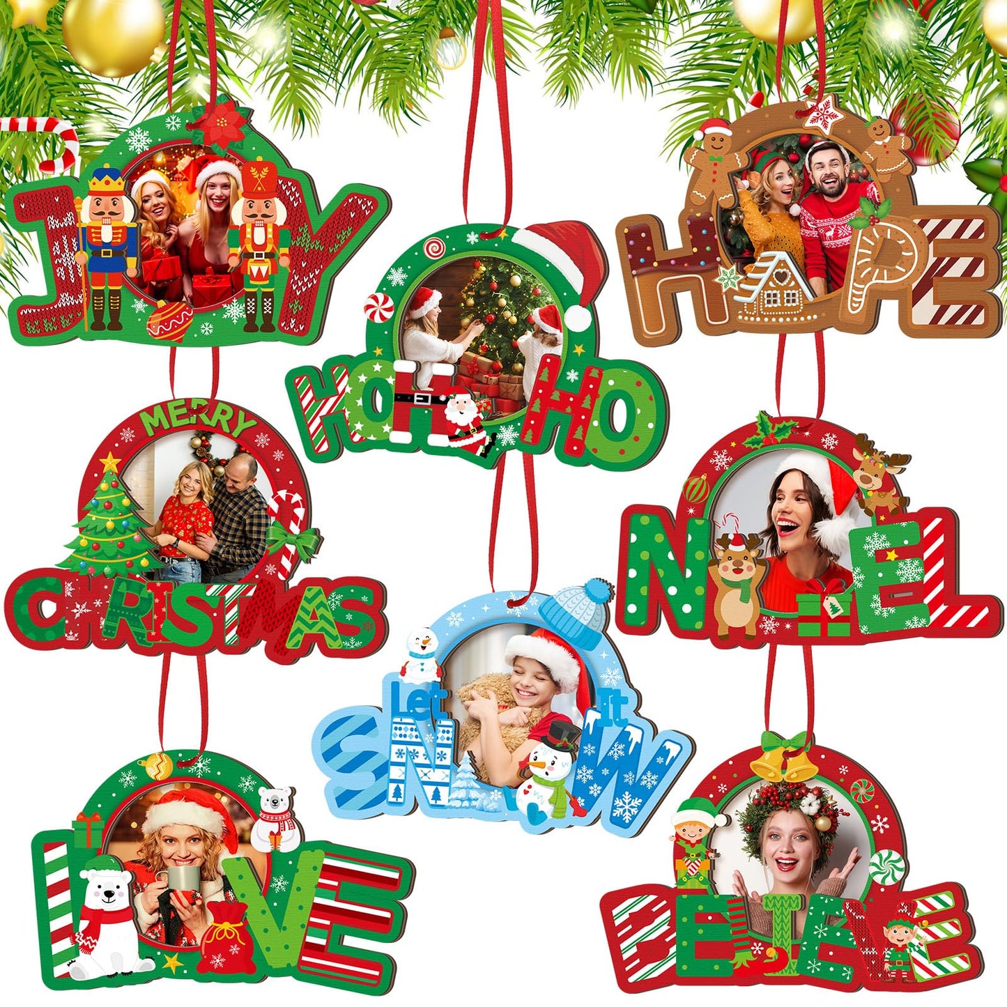 Yalikop 16 Pcs Christmas Photo Frame Ornaments Wooden Nutcrackers Santa Snowman Snowflake Picture Frame Tree Decoration DIY Photo Keepsakes for Xmas Party Decorations Winter (Wishes)
