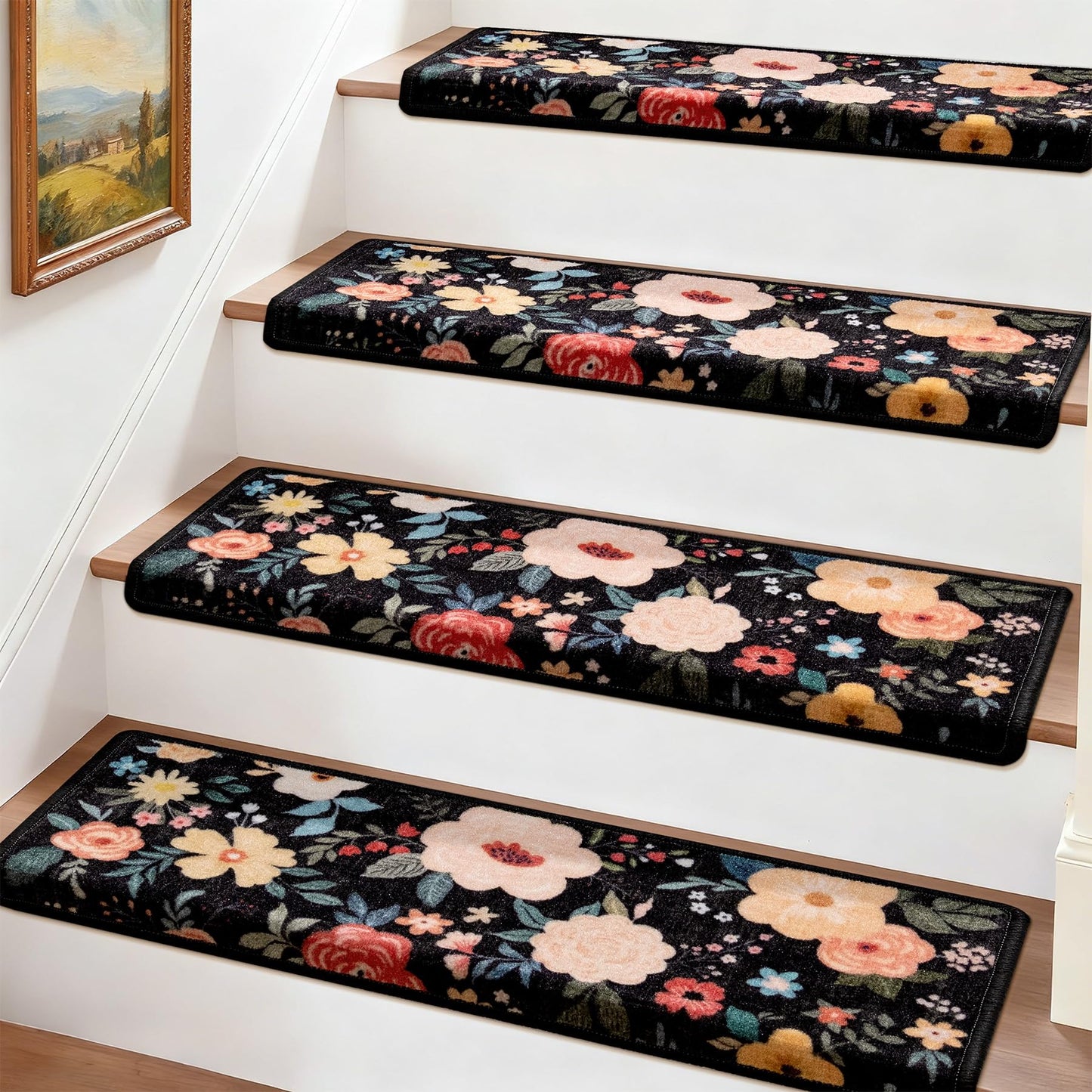 RORA Bullnose Stair Treads for Wooden Steps,Non-Slip Peel and Stick Stair treads Stair Carpet for Indoor Runner and Pets,Floral Stair Rugs,Soft Washable Staircase 14pcs 29.5 ''x9.5 ''x1.5 ''