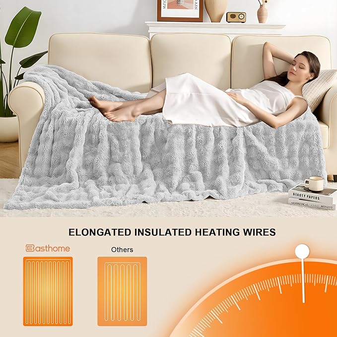 Heated Blanket Electric Throw Blanket 72''X 84''-Heating Blanket with 6 Heat Settings-10 Hours Auto Off,Cozy Faux Rabbit Fur Bubble Electric Blanket,Light Gray