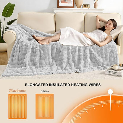 Heated Blanket Electric Throw Blanket 72''X 84''-Heating Blanket with 6 Heat Settings-10 Hours Auto Off,Cozy Faux Rabbit Fur Bubble Electric Blanket,Light Gray