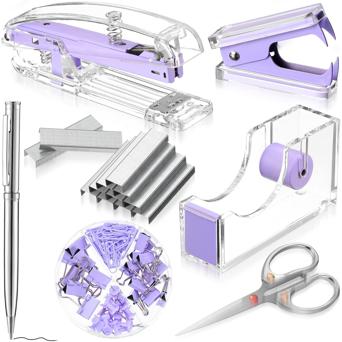Office Supplies Set Desk Accessory Kit, Acrylic Stapler Set Staple Remover, Tape Dispenser, Binder Clips, Paper Clips, Ballpoint Pen and Scissor with 1000 Pieces 26/6 Staples (Purple)