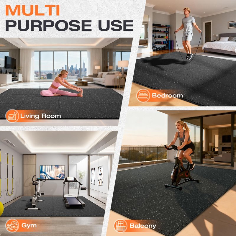 FLEXLIFT 0.56'' Thick 12 Pcs 48 Sq Ft Non-Slip Rubber Top Exercise Equipment Mats, High Density EVA Foam Mats with Rubber Top, Interlocking Puzzle Gym Flooring for Home Gym, Workout Floor Mats, Black