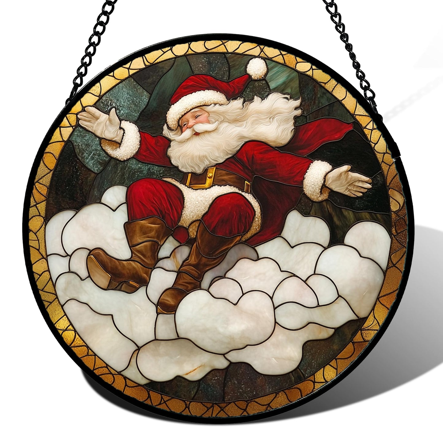 Stained Glass Window Hanging - Red White Santa Claus Clouds Suncatcher for Doors Home Christmas Decoration Sun Catcher Thanksgiving New Year Birthday Gifts for Friend Women Men Mom Nana 11.8 in