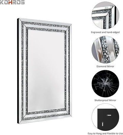 KOHROS Crush Diamond Bathroom Mirror 36" x 24" Crystal Mirrors for Wall Decor Rectangle Wall Mirror for Bathroom, Entryway and Bedroom, Easy to Install