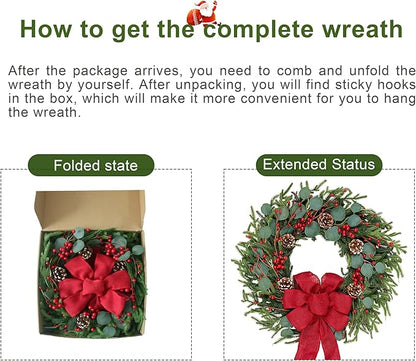 Artificial Christmas Wreath 24Inch Christmas Wreaths for Front Door Norfolk Pine Wreath with Eucalyptus Leaves Red Berries Pine Cones Red Bow for Wall Indoor Outdoor Winter Xmas Decoration