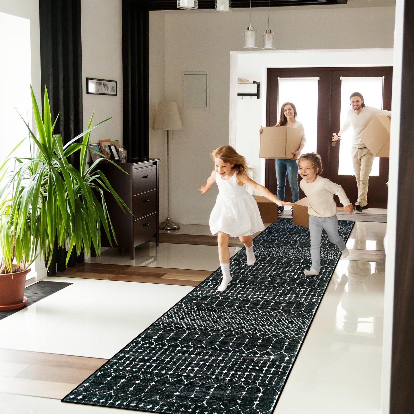 Lahome Moroccan Black Long Runner Washable Hallway Rug, Ultra-Thin Non Slip Kitchen Runner, Soft Modern Print Indoor Floor Carpet for Entryway Stair (Black, 2'5''x12'') Hana